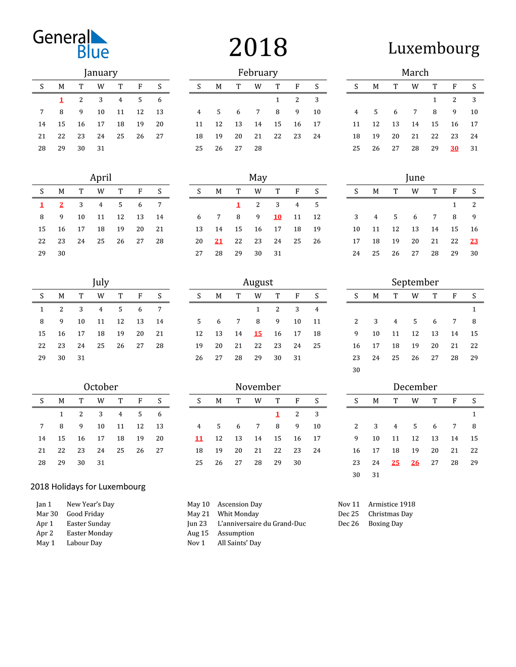 2018 Luxembourg Calendar with Holidays