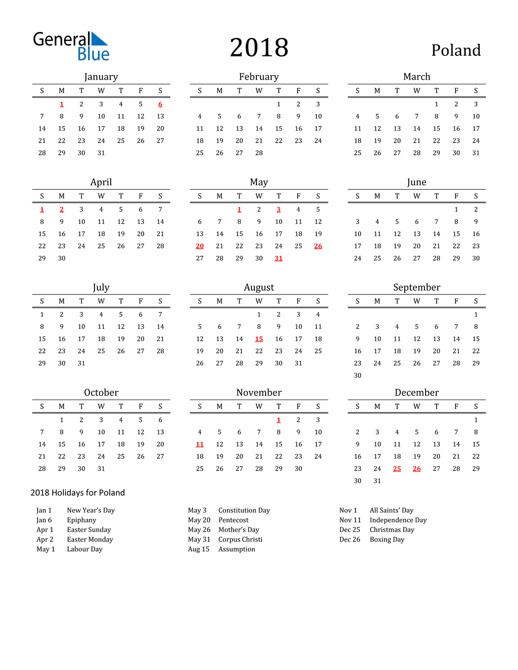 2018 Poland Calendar with Holidays