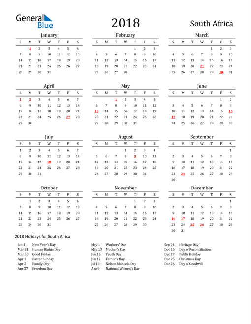 South Africa Holidays Calendar for 2018