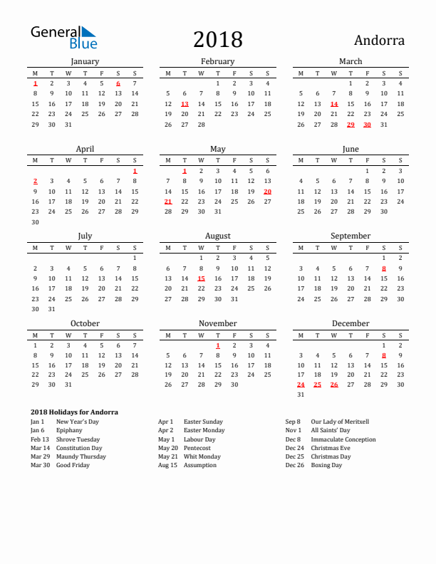 Andorra Holidays Calendar for 2018