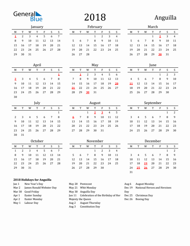 Anguilla Holidays Calendar for 2018