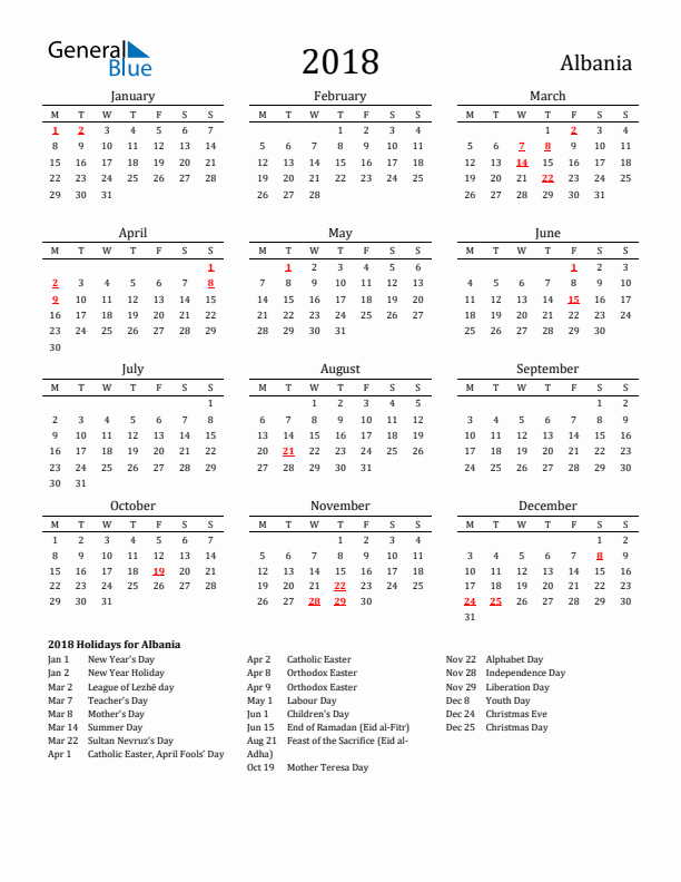 Albania Holidays Calendar for 2018