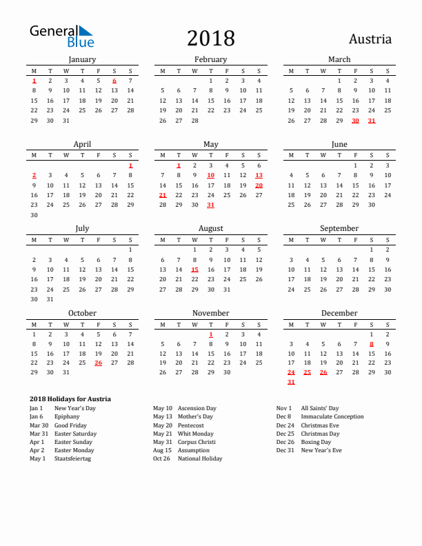 Austria Holidays Calendar for 2018