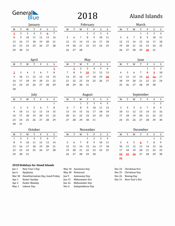 Aland Islands Holidays Calendar for 2018