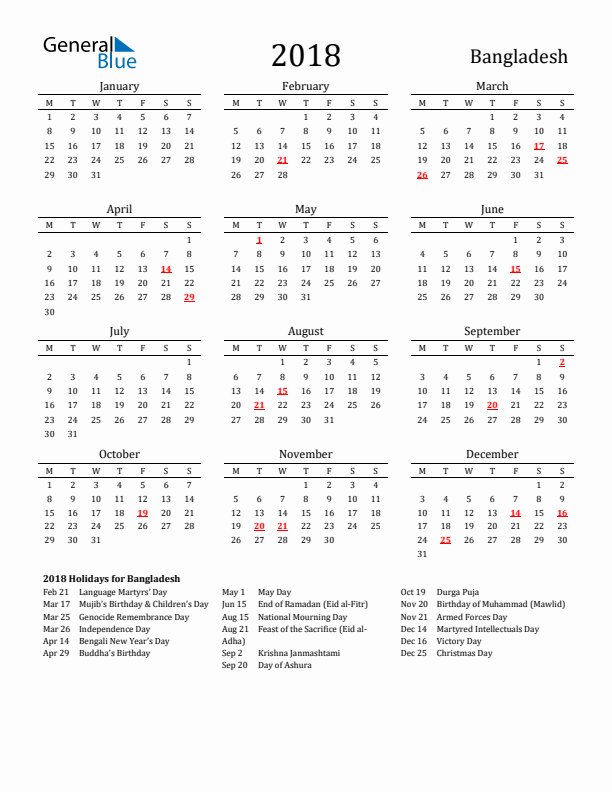 Bangladesh Holidays Calendar for 2018