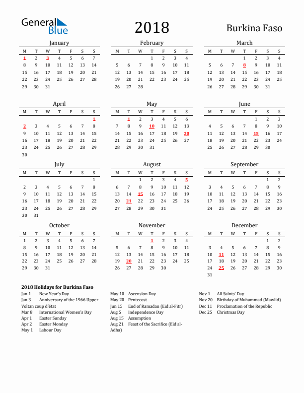 Burkina Faso Holidays Calendar for 2018