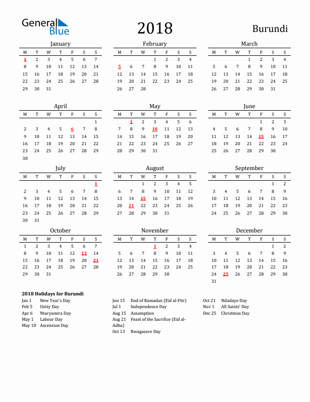 Burundi Holidays Calendar for 2018