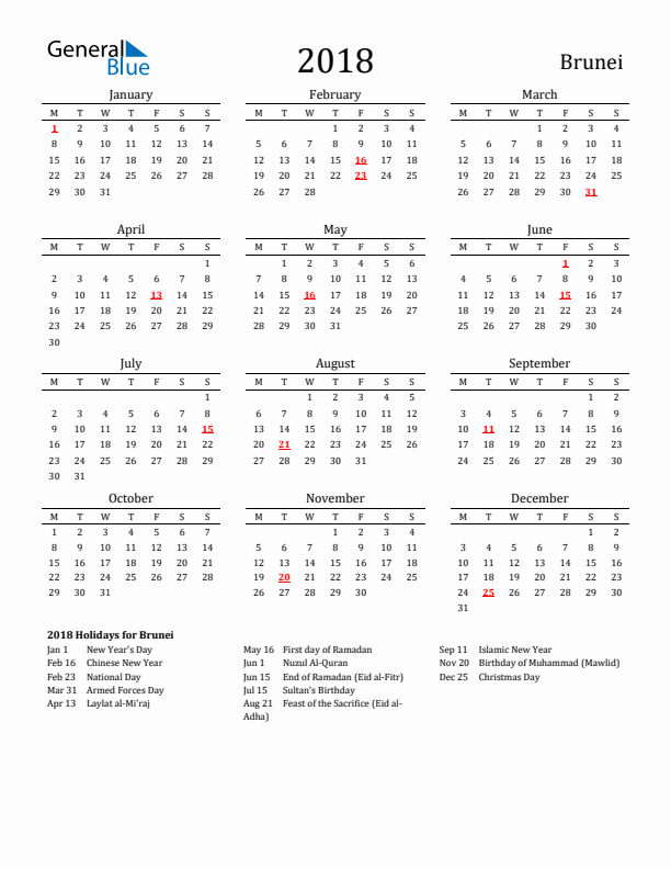 Brunei Holidays Calendar for 2018