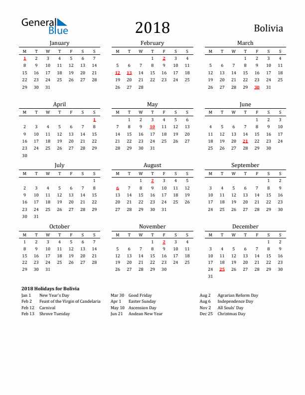 Bolivia Holidays Calendar for 2018