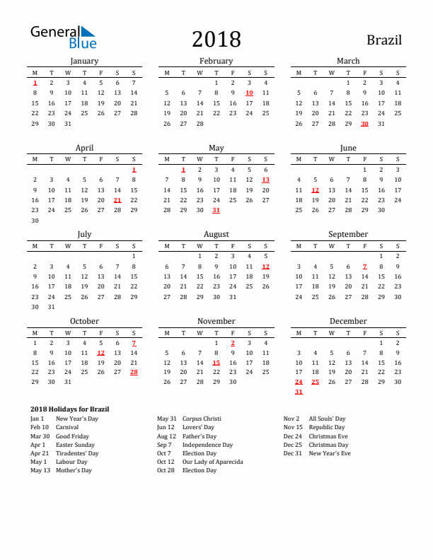 Brazil Holidays Calendar for 2018