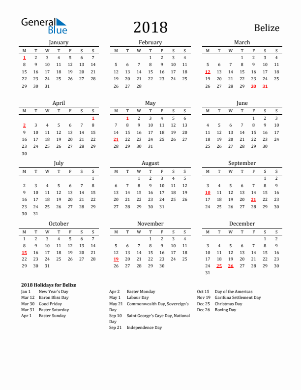 Belize Holidays Calendar for 2018