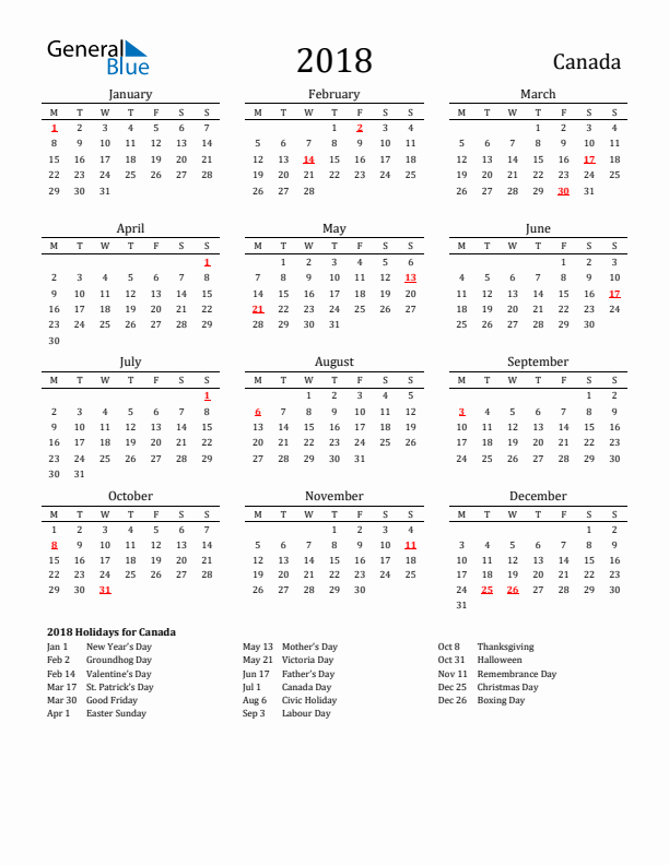Canada Holidays Calendar for 2018