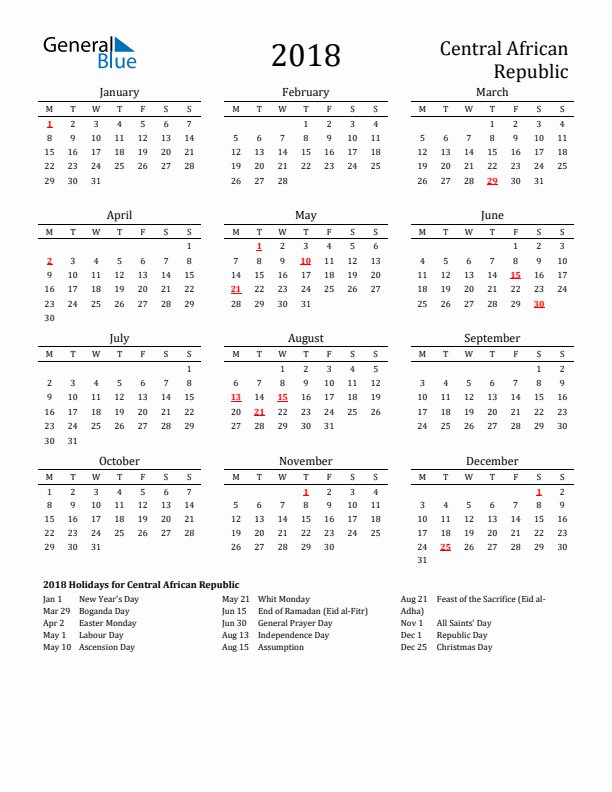 Central African Republic Holidays Calendar for 2018