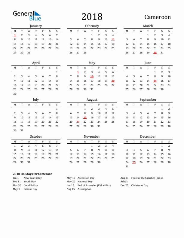 Cameroon Holidays Calendar for 2018