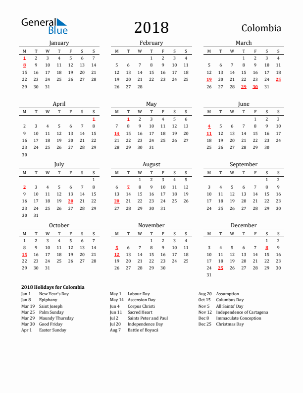 Colombia Holidays Calendar for 2018