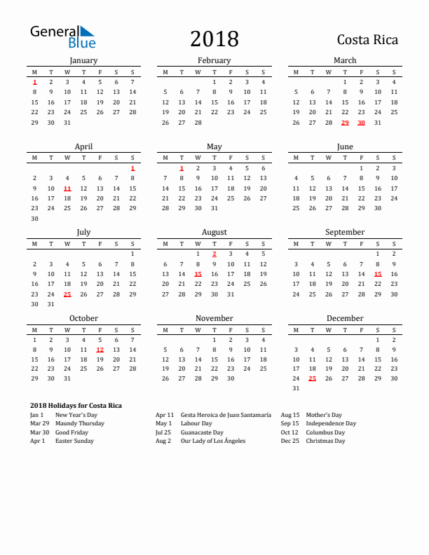 Costa Rica Holidays Calendar for 2018