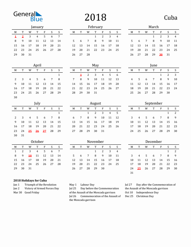 Cuba Holidays Calendar for 2018