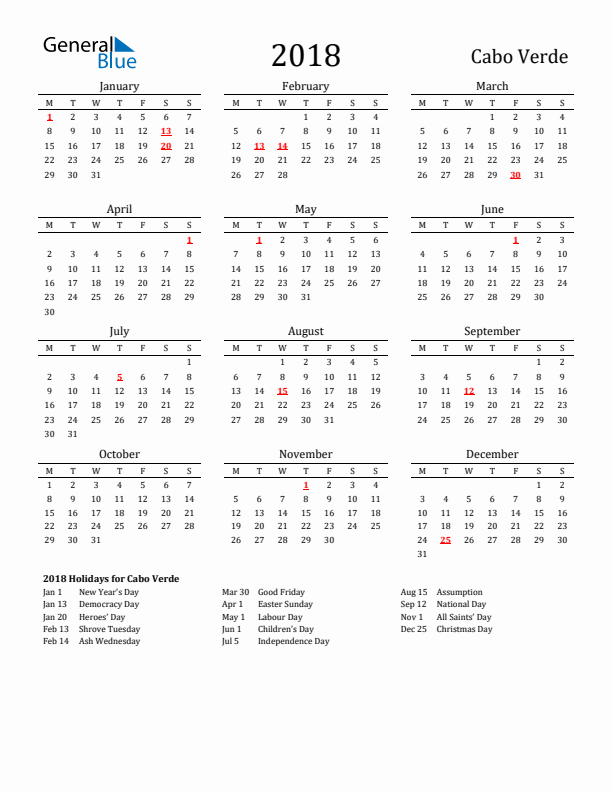 Cabo Verde Holidays Calendar for 2018