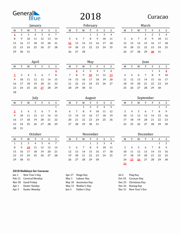 Curacao Holidays Calendar for 2018