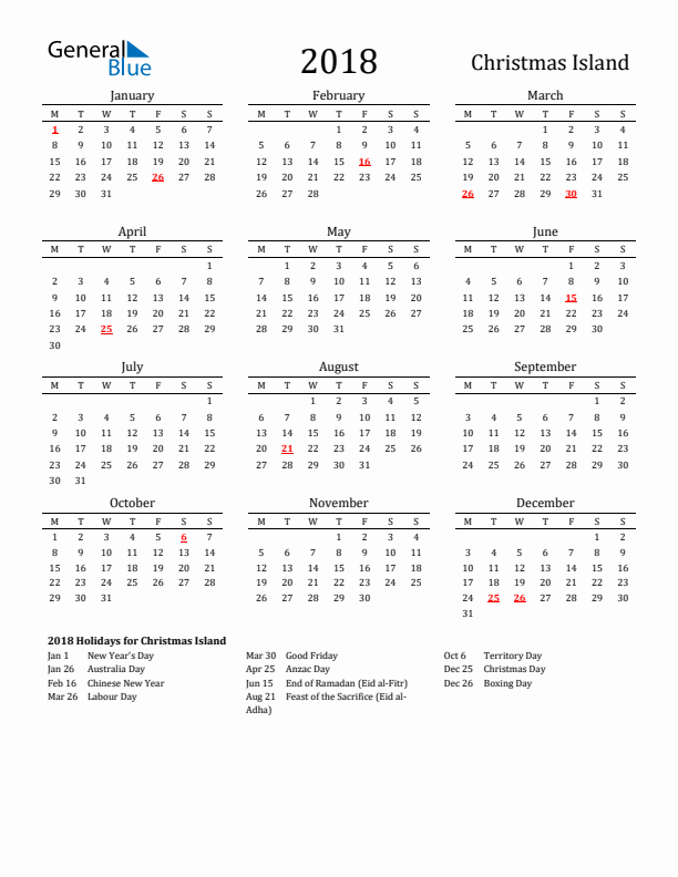 Christmas Island Holidays Calendar for 2018