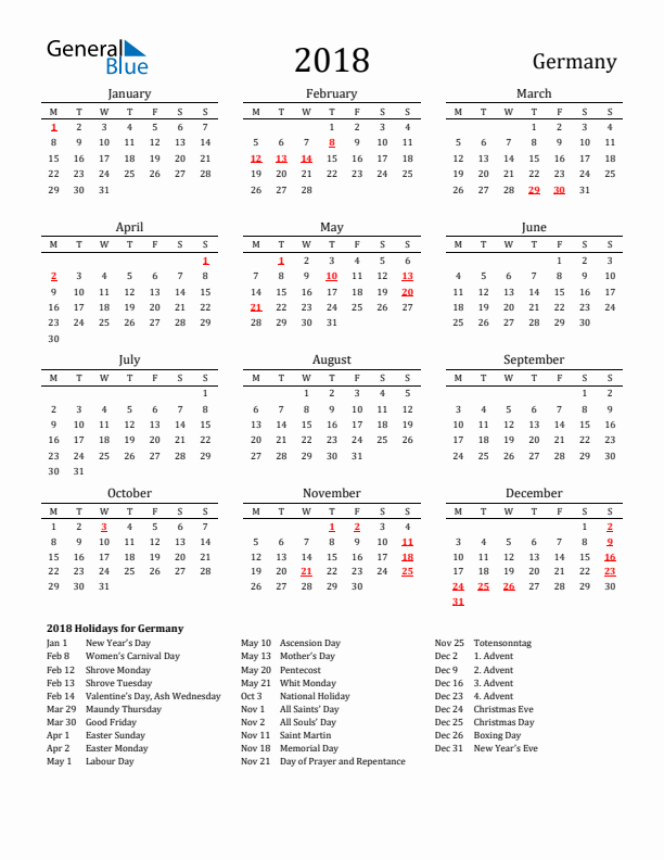 Germany Holidays Calendar for 2018