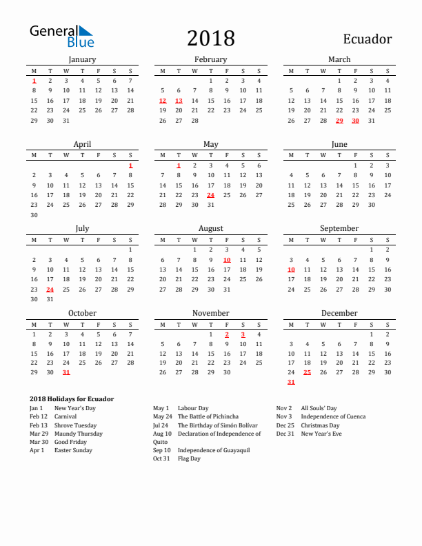 Ecuador Holidays Calendar for 2018