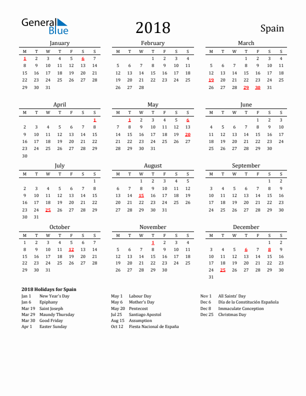 Spain Holidays Calendar for 2018