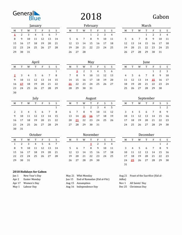 Gabon Holidays Calendar for 2018