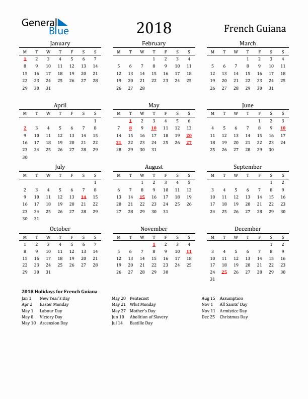 French Guiana Holidays Calendar for 2018