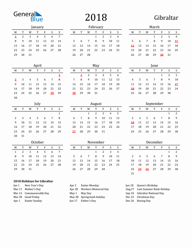 Gibraltar Holidays Calendar for 2018