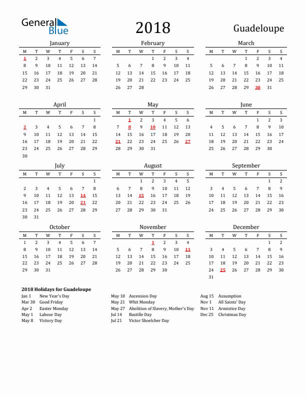 Guadeloupe Holidays Calendar for 2018