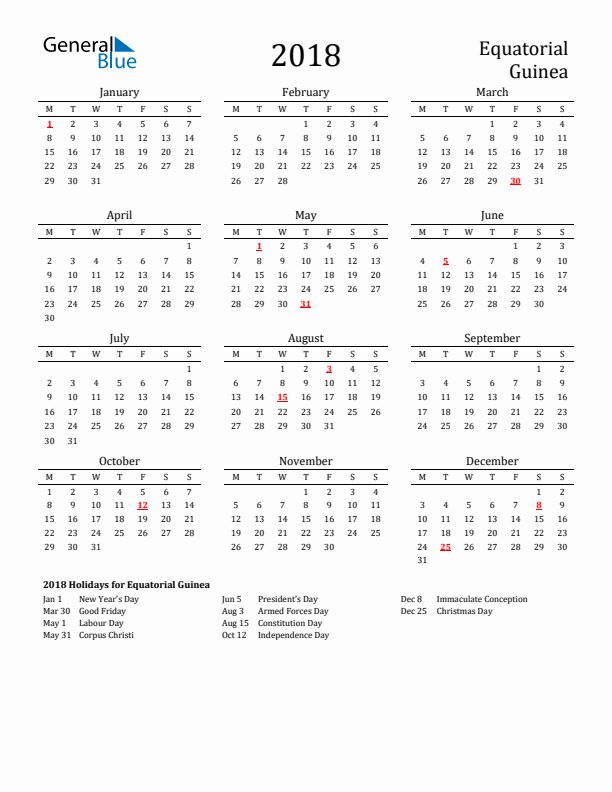 Equatorial Guinea Holidays Calendar for 2018