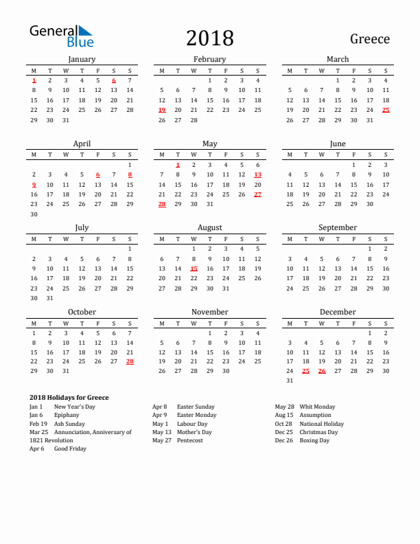 Greece Holidays Calendar for 2018