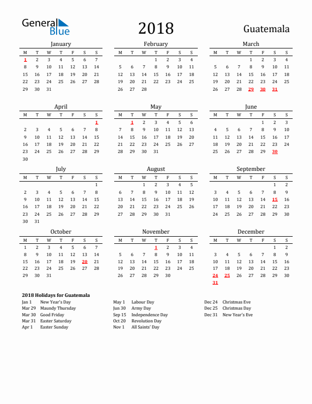 Guatemala Holidays Calendar for 2018