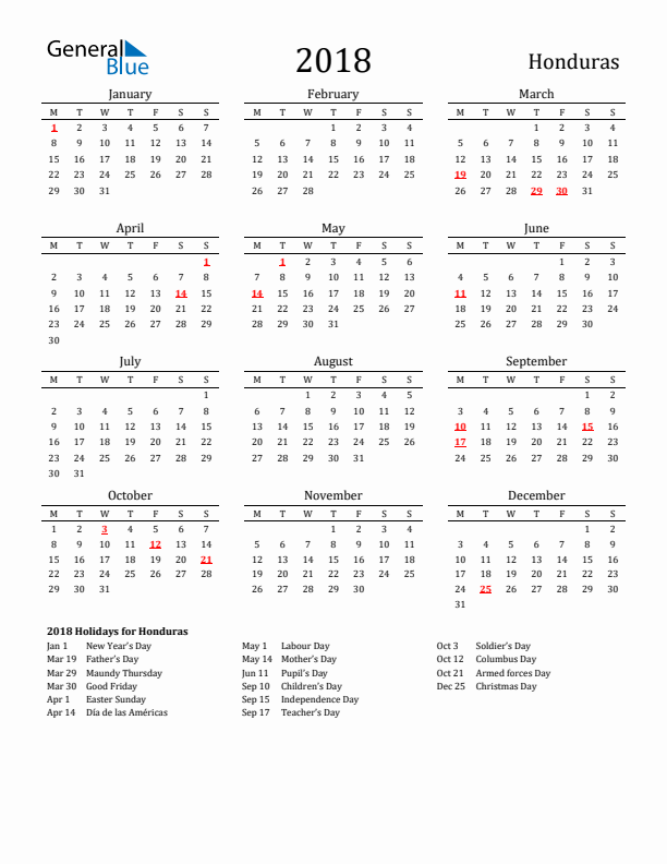 Honduras Holidays Calendar for 2018