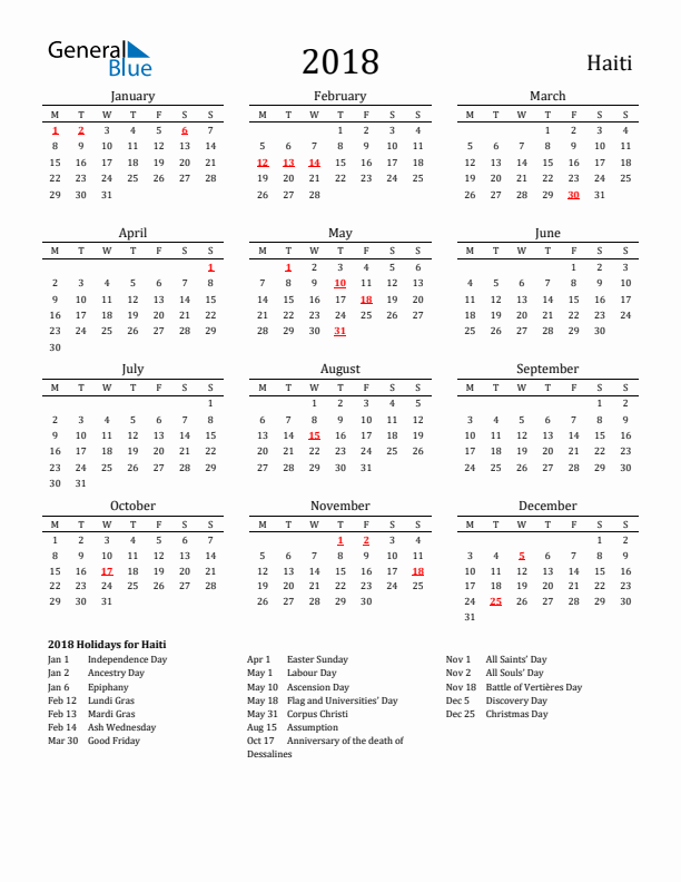 Haiti Holidays Calendar for 2018