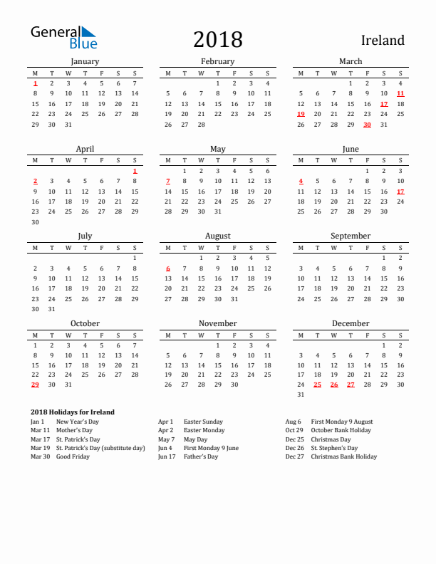 Ireland Holidays Calendar for 2018