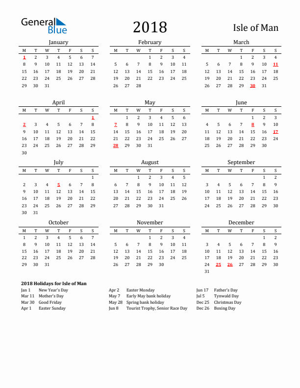 Isle of Man Holidays Calendar for 2018