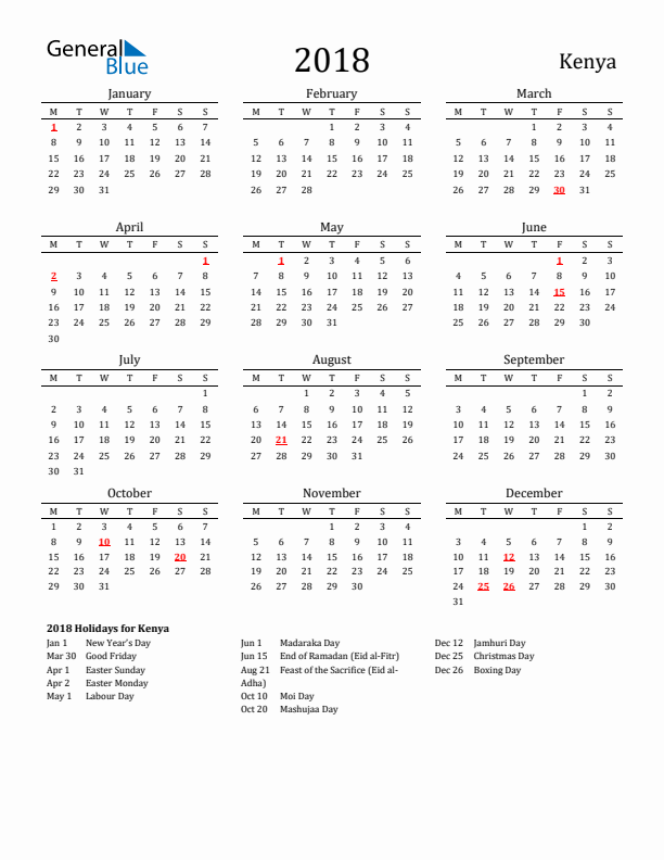 Kenya Holidays Calendar for 2018