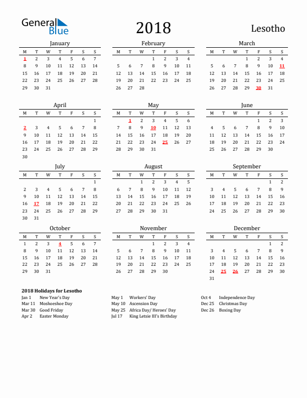 Lesotho Holidays Calendar for 2018