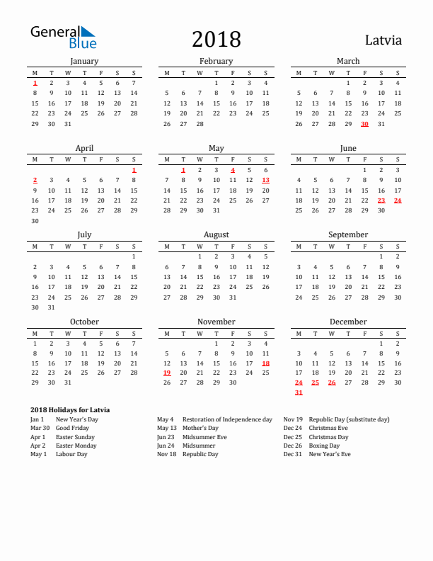 Latvia Holidays Calendar for 2018