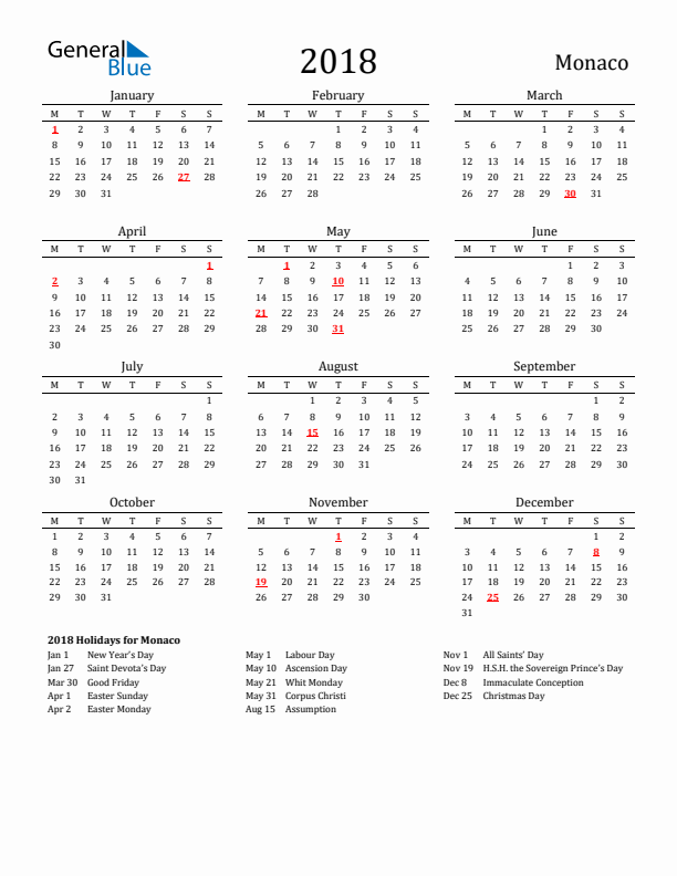 Monaco Holidays Calendar for 2018
