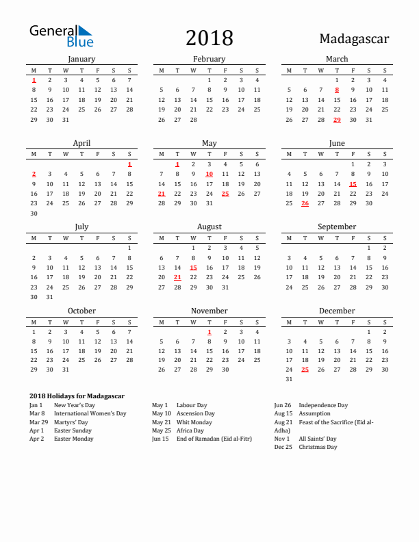 Madagascar Holidays Calendar for 2018