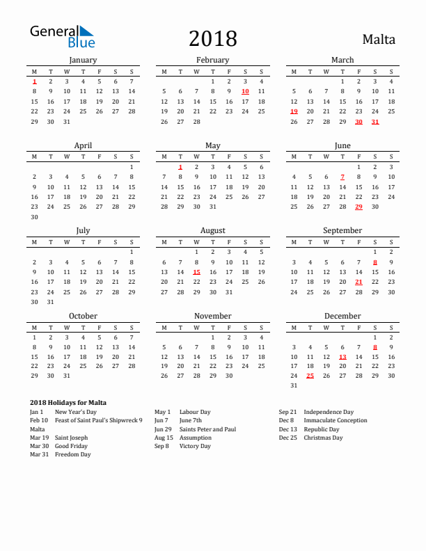 Malta Holidays Calendar for 2018