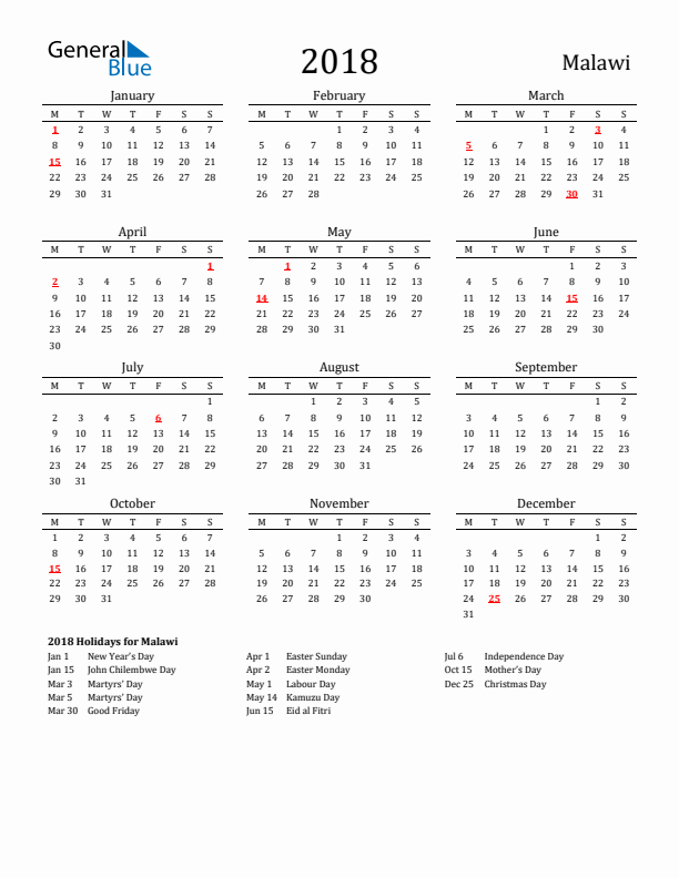 Malawi Holidays Calendar for 2018