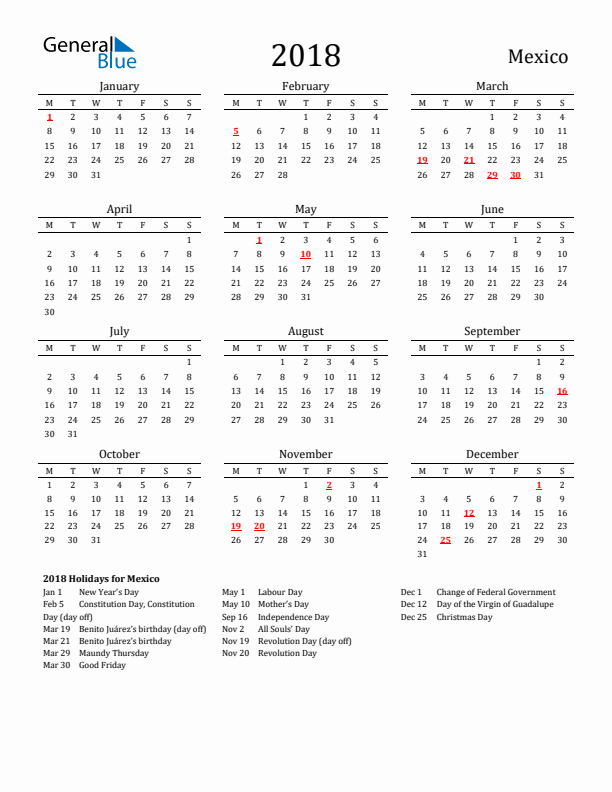 Mexico Holidays Calendar for 2018