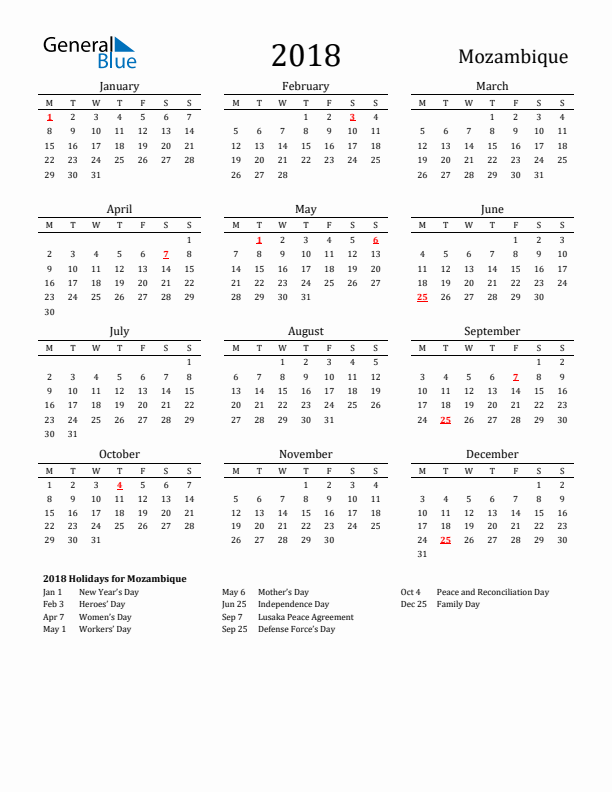 Mozambique Holidays Calendar for 2018