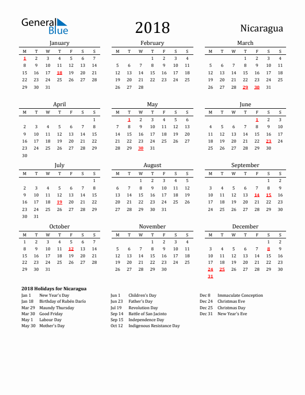 Nicaragua Holidays Calendar for 2018