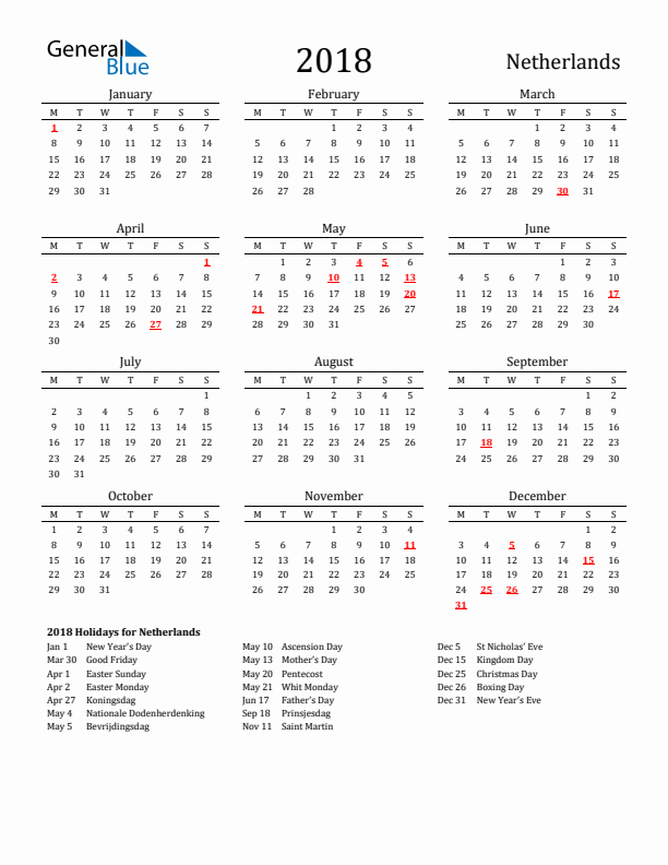 The Netherlands Holidays Calendar for 2018