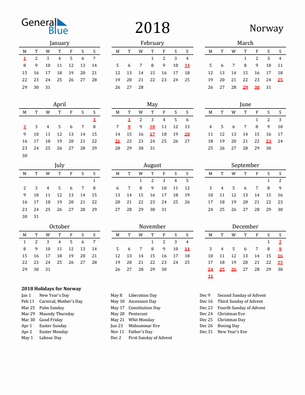 Norway Holidays Calendar for 2018